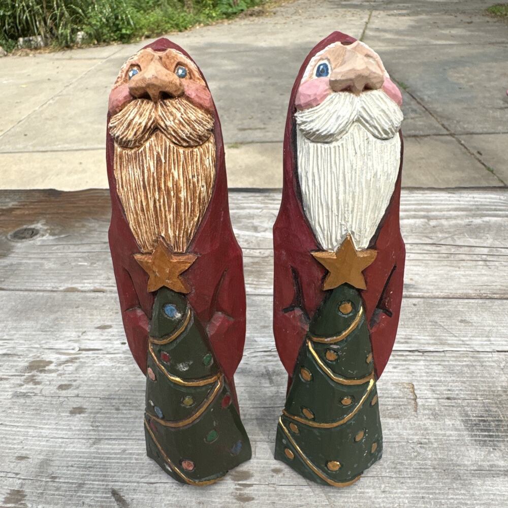 Resin Carved Santa Claus w/ Christmas Tree Figures Set of 2 Signed PL Set of 2